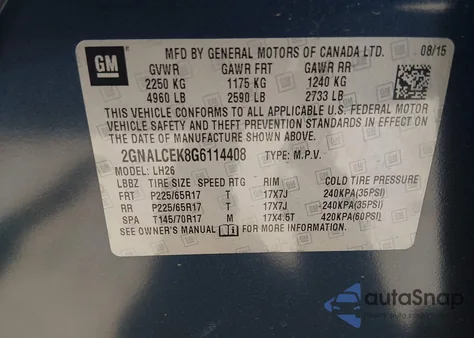 2016 Chevrolet Equinox Lt z USA, uszkodzony, nr VIN 2GNALCEK8G6114408